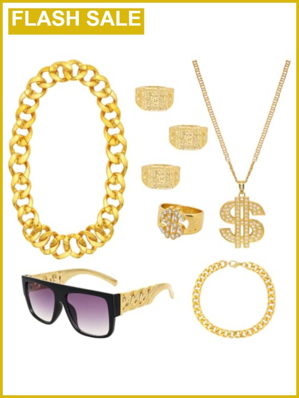 8Pc 80s 90s Hip Hop Costume Set: Faux Gold Chain, Rings, Sunglasses